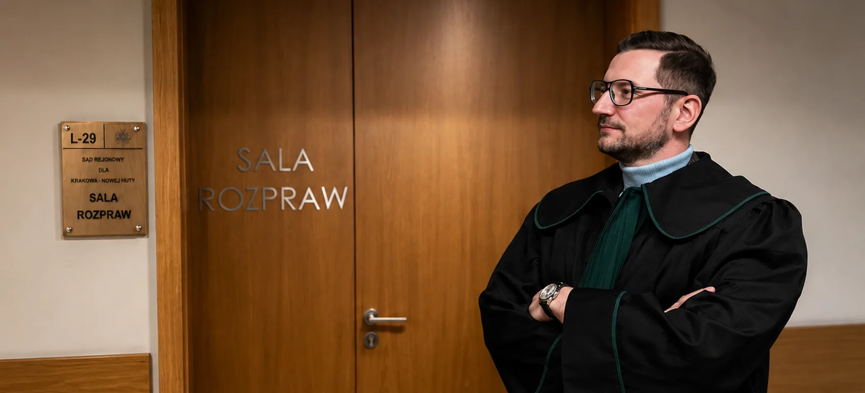 Adwokat w todze przed salą rozpraw Sądu Rejonowego dla Krakowa-Nowej Huty